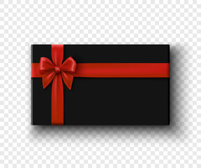 Black gift box with red bow on transparent background. Package with ribbon. Vector illustration.