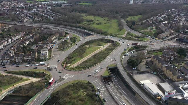 BIRD EYE VIEW OF A BUSY LONDON CITY ROUNDABOUT