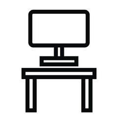 Computer on the desk, black and white vector icon, contour drawing