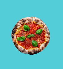 Pepperoni Pizza with Mozzarella cheese, salami, pepper, Spices and Fresh basil. Italian pizza on blue background. with copy space. top view