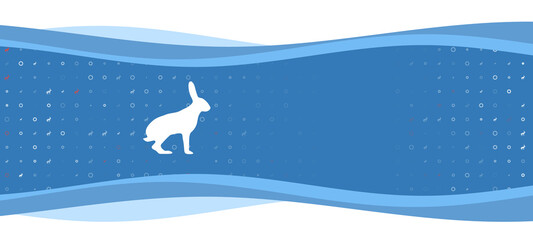 Obraz na płótnie Canvas Blue wavy banner with a white hare symbol on the left. On the background there are small white shapes, some are highlighted in red. There is an empty space for text on the right side