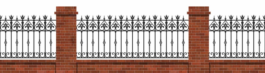 Classic iron fence with red brick pillars. Art Nouveau. Urban design. Isolated. White background. Traditional blacksmithing. Luxury landscape design. Iron railings. City. Street. Park. Seamless.
