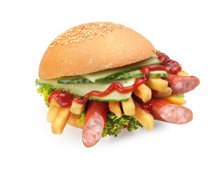 hamburger with sausage and salad on a white background