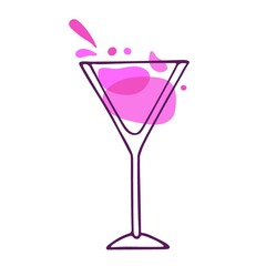 Mixed drink. Bright pink cocktail in glass. Fresh Exotic tropical beach bar. Flat cartoon vector icon on white background. Fuchsia liquid in clear glass.