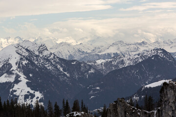 Panoramic mountain view from Kampenwand, Bavaria, Germany in wintertime