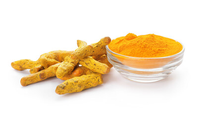 Bowl with turmeric powder and roots on white background