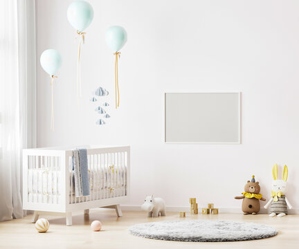 Blank horizontal frame mock up on white wall in nursery room interior background with baby bedding, soft toys, balloons, 3d rendering