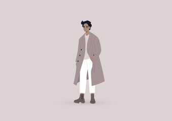 Street style, a young elegant male character wearing an oversize coat and massive boots, millennial fashion