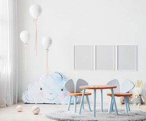 Frames mock up in children room interior in light blue tones with kids table and chairs, soft toys and balloons, 3d rendering