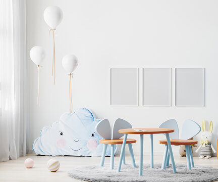 Frames mock up in children room interior in light blue tones with kids table and chairs, soft toys and balloons, 3d rendering