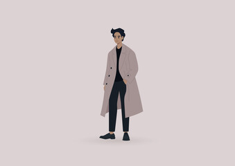 Street style, a young elegant male character wearing an oversize coat, millennial fashion