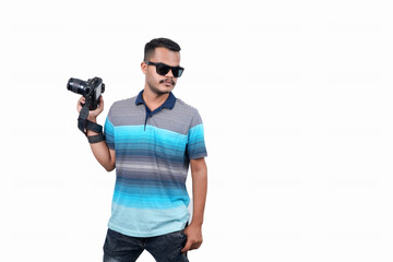 Young man taking a photo with a professional camera. Front view. Over white, all angel poses 