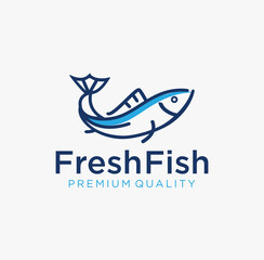 Simple outline fish line art monoline logo Vector badge design. tuna Fresh fish logo emblem label seafood vector icon. Creative symbol of fishing club or online shop.