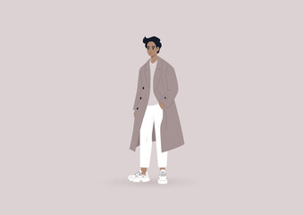 A young male character wearing an oversize trench coat and big sneakers, a modern street style concept