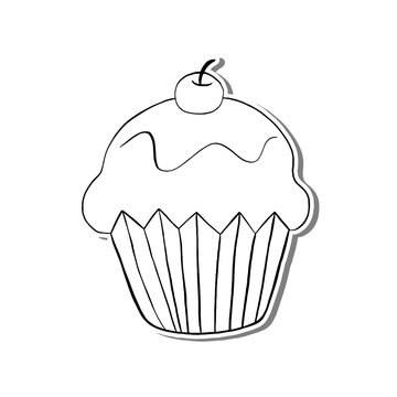 Black line cupcake on white silhouette and gray shadow. Hand drawn cartoon style. Doodle for coloring, decoration or any design. Vector illustration of kid art.
