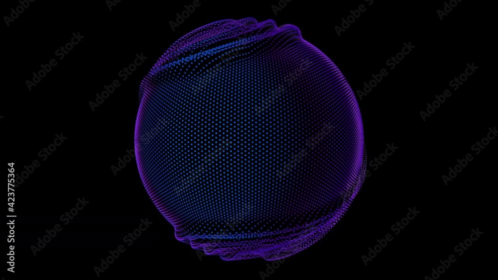 Poster distortion waves on abstract sphere of particles loop. digital data splash of spherical point array.