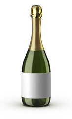 3D Wine bottle. Isolated on white background. The bottle is used for champagne, chardonnay, prosecco and white wine, place your design and use for presentations. Blank template.