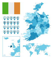 Obraz premium Ireland detailed administrative blue map with country flag and location on the world map. Vector illustration