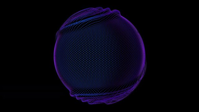 Distortion waves on abstract sphere of particles loop. Digital data splash of spherical point array. Round waveform UI element. Futuristic glitch