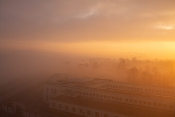 morning fog from the Neva River over the city of Saint Petersburg, March 2021