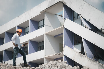 Engineer holding laptop is checking for destruction, demolishing building.