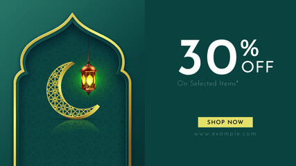 creative Ramadan web banner template promotion design for business or company for web landing page, web ad, presentation, social, poster, print media. green background