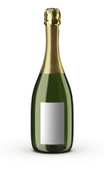 3D Wine bottle. Isolated on white background. The bottle is used for champagne, chardonnay, prosecco and white wine, place your design and use for presentations. Blank template.