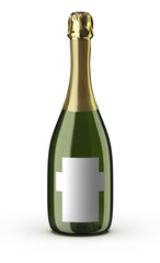 3D Wine bottle. Isolated on white background. The bottle is used for champagne, chardonnay, prosecco and white wine, place your design and use for presentations. Blank template.