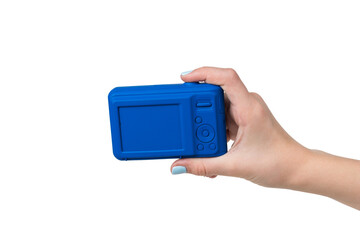 A woman's hand with a blue camera isolated on a white background.