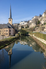 Fototapeta na wymiar View from the river Alzette to the town of Luxembourg