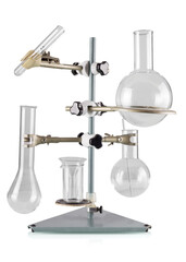Chemical tripod with different flasks for research isolated on white