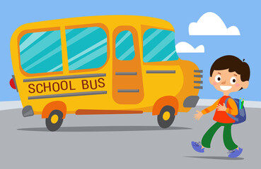 Kids walking to and getting on school bus. Driver waving hand to pupils. Colorful flat style cartoon vector illustration.