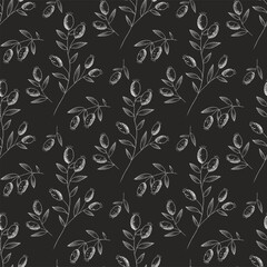 Red Rosehips with flowers and berries seamless pattern for tea. Black and white Graphic drawing, engraving style. hand drawn illustration on black background