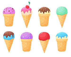 Vector set of ice cream in a waffle cup. Collection of ice cream cone with different flavors in cartoon style. Illustration isolated on white background. Summer food colorful desserts
