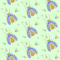 vector pattern with a fabulous beetle with blue wings with yellow polka dots