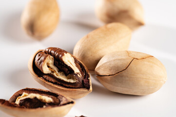 pecan nuts in shell on white background