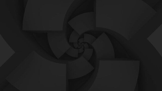Abstract infinite zoom to spiral dark geometry. Modern looped geometrical black background. Swirl motion design.