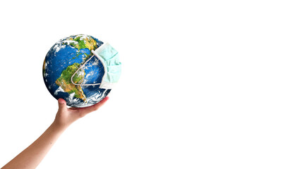 Earth Day concept: hand holding earth globe with a face mask  isolated on a white background.  Elements of this image furnished by NASA
