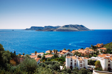 Fototapeta na wymiar Turkish and Greek Islands, Villas in the Mediterranean Sea