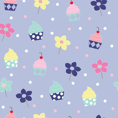 Cupcakes and flower pops with dots vector illustration on blue seamless repeat background pattern.