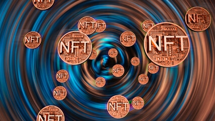 NFT non fungible tokens, crypto art on colorful abstract background. trade for unique collectibles in games or art. 3d render of NFT crypto art collectibles concept illustration. Bubble or rally.