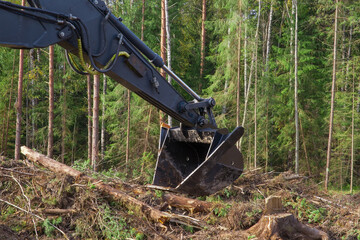 Large excavator bucket on the background of a coniferous forest.