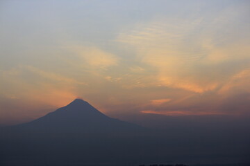 Fototapeta na wymiar Silhouette Mount Merapi Volcanoes most active before Sunrise