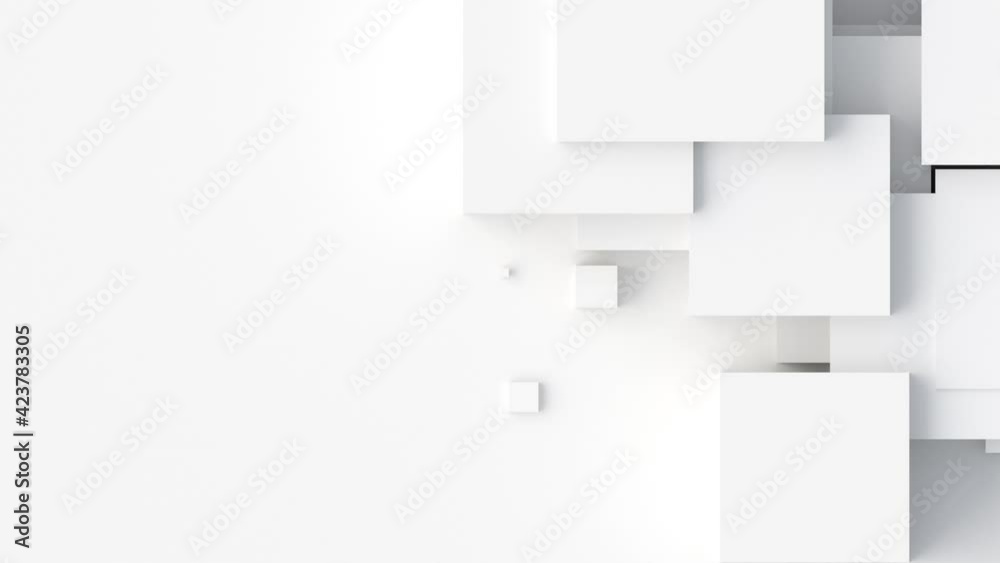 Aufkleber White cubes with random size move and grow loop. A place for text on the left. Abstract 3d render geometrical concept background.