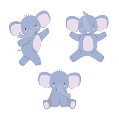 Set with funny blue elephants. Cute animals characters in different poses. For cliparts, postcards, and children's design. Cartoon vector illustration.