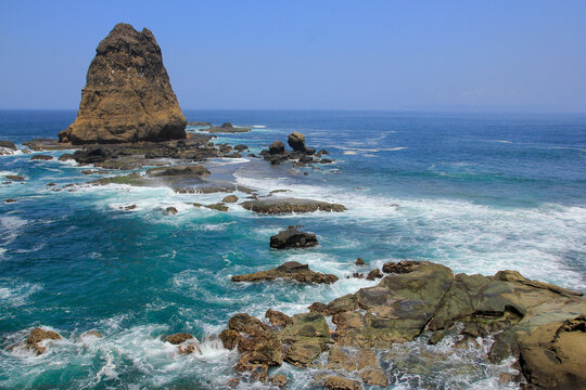 Iconic shark-shaped coral reef of Tanjung Papuma beach Jember, East Java, Indonesia.