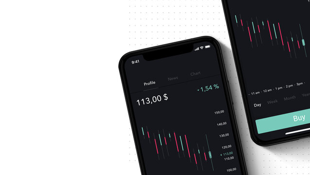 Retail investor trading on the smartphone. Stock market, futures, crypto, and foreign exchange trading.  Non-professional investors buy and sell securities through a mobile trading app.