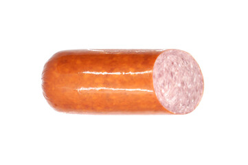 Semi-smoked sliced sausage isolated on white background. Close-up.
