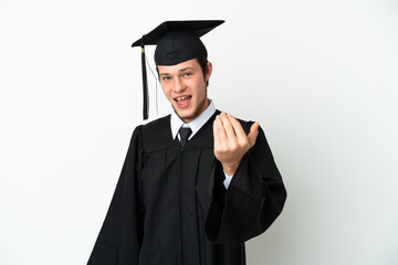 Young university Russian graduate isolated on white background inviting to come with hand. Happy that you came