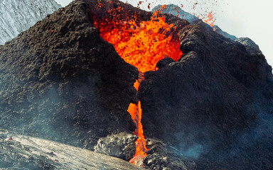 GELDINGADALUR, ICELAND. Erupting Fagradalsfjall volcano, 52 km from Reykjavík. 
View of the...